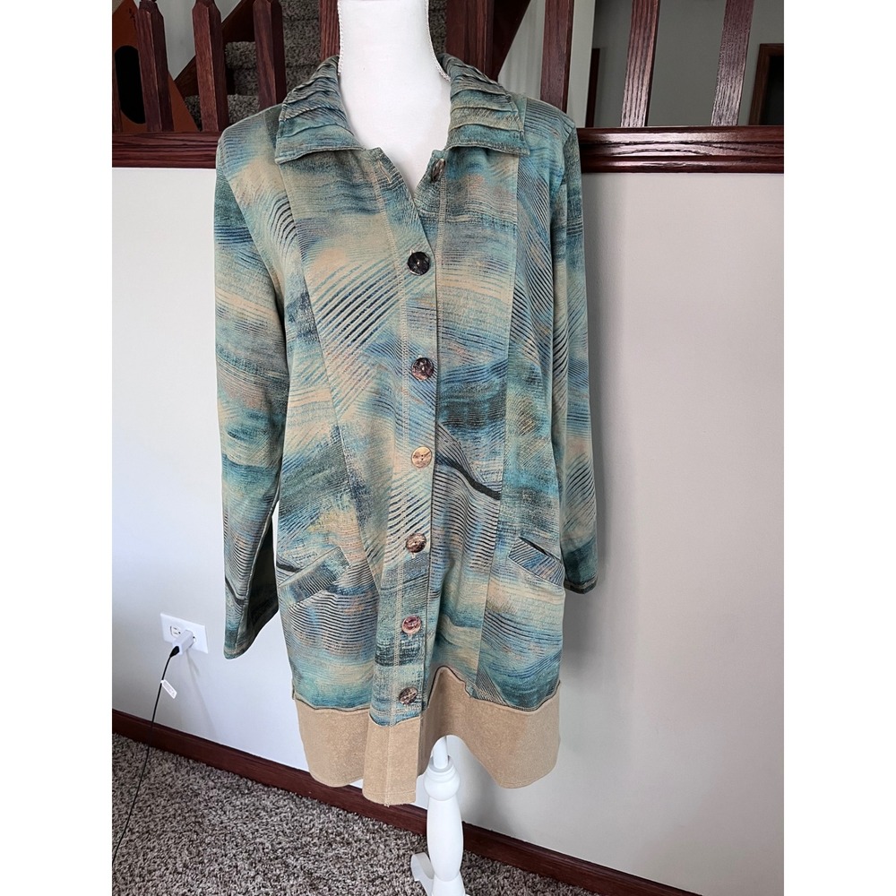 CMC Color Me Cotton‎ Blue Abstract Print Button Front Longline Jacket Womens XL